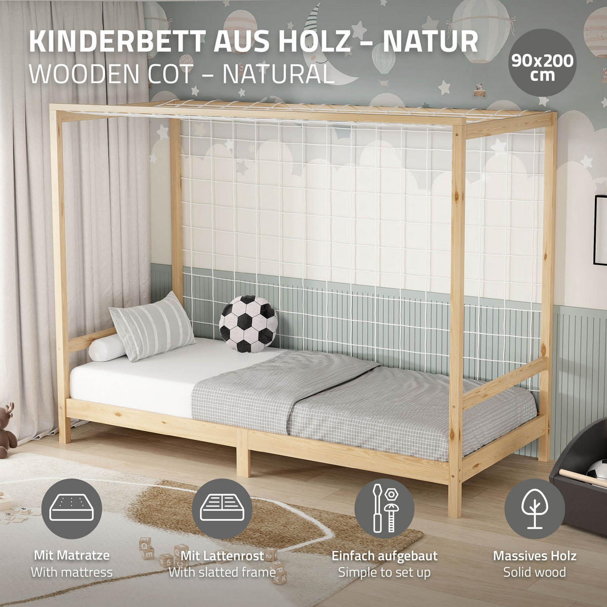 KINDERBETT Fußballtor 90x200 cm mit Matratze H:16 cm Natur Kiefernholz - Naturfarben, Holz (90/200cm) - ML-DESIGN