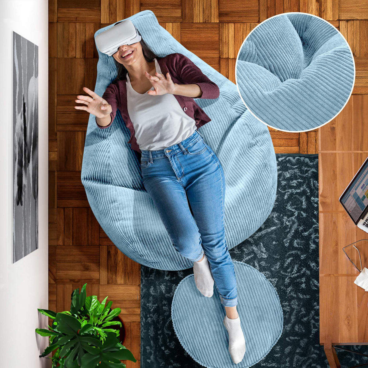 LOUNGE-SITZSACK Cozy + Fußhocker - Hellblau, Textil (80/90/90cm) - Green Bean