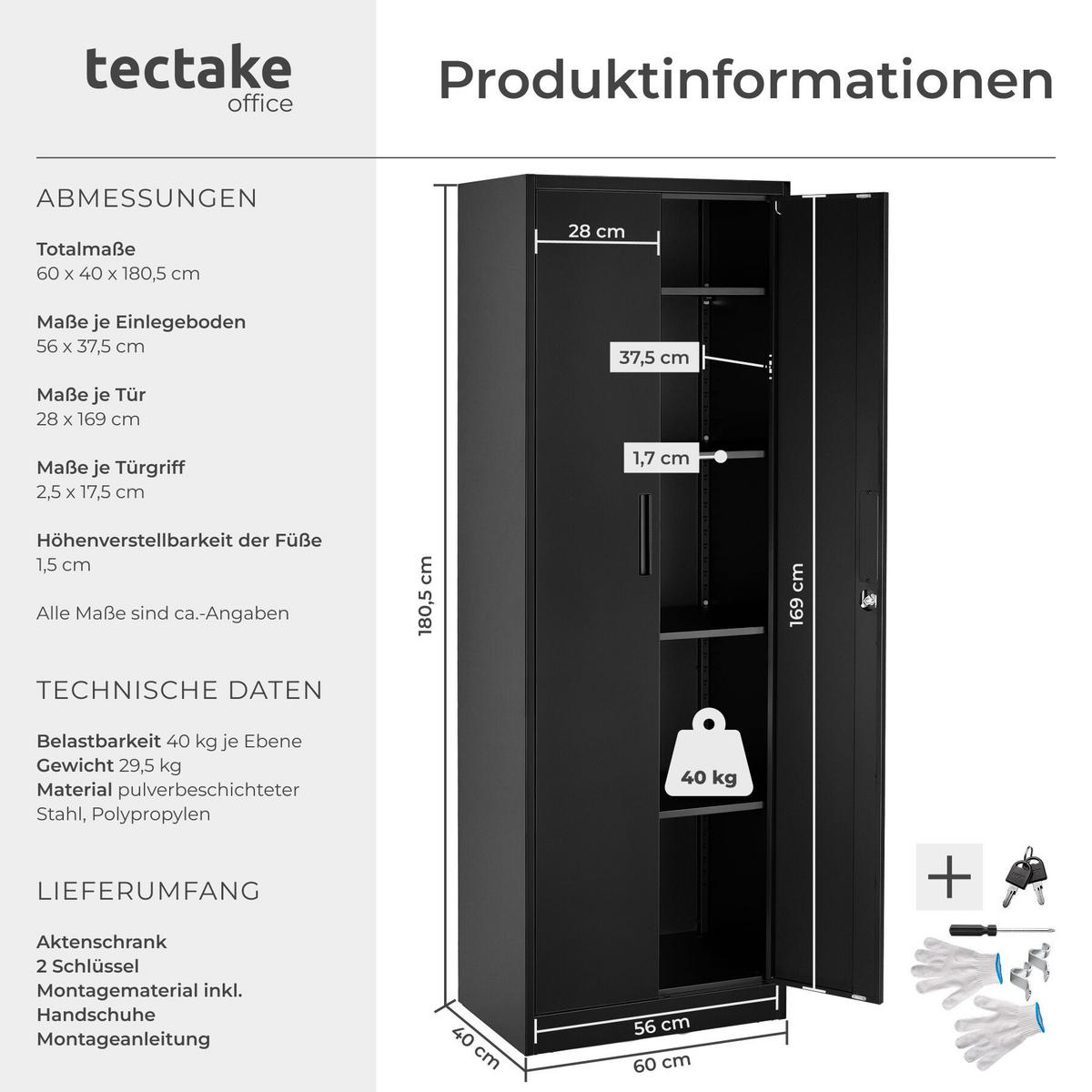 AKTENSCHRANK Brandon, Kippschutz, höhenverstellbare Füße, schwarz - Schwarz, Metall (60/180.5/40cm) - tectake