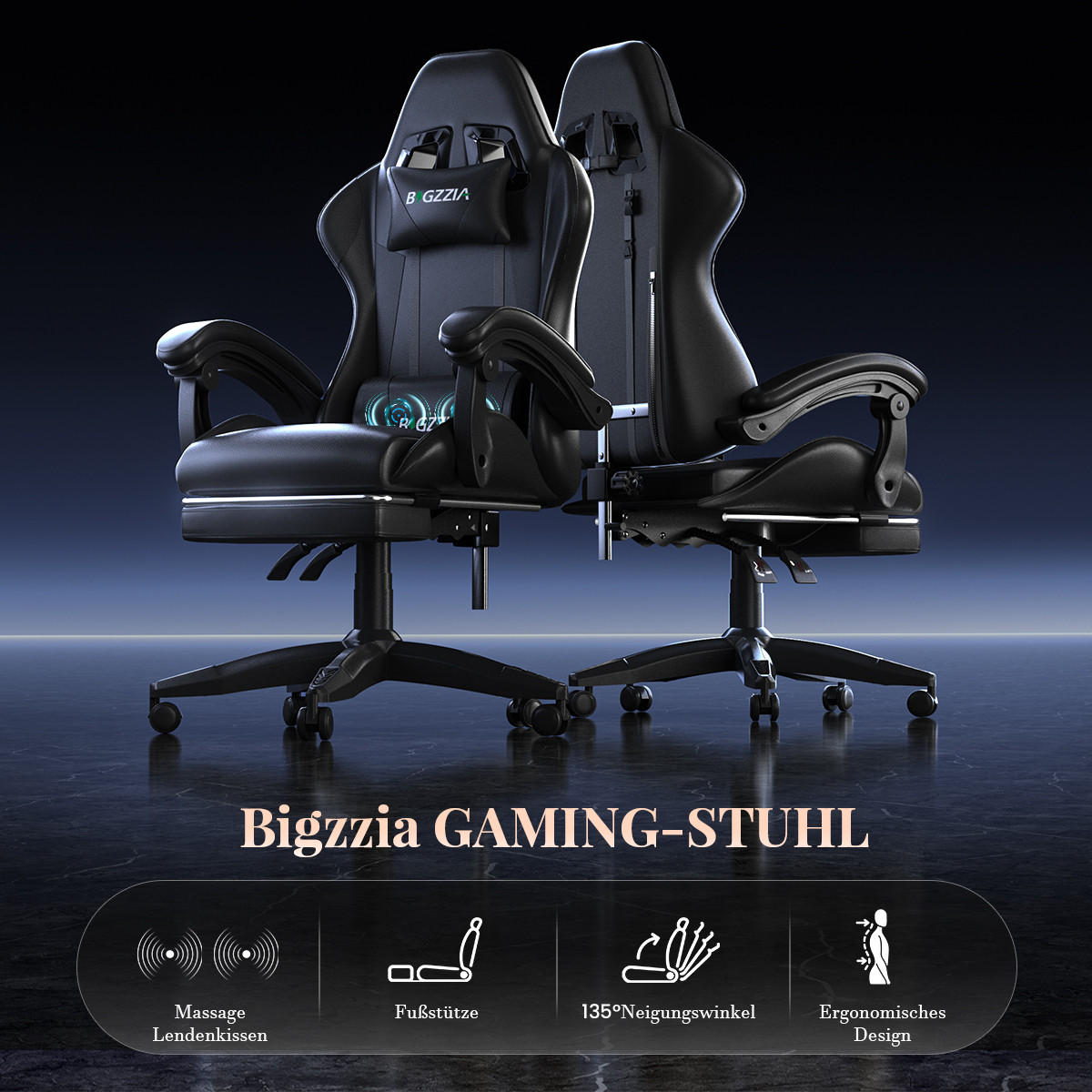 GAMINGSTUHL Schwarz,mit Massage,Fußstütze, Ergonomisch, Verstellbar - Schwarz, Metall (26/59/77cm) - Rattrix