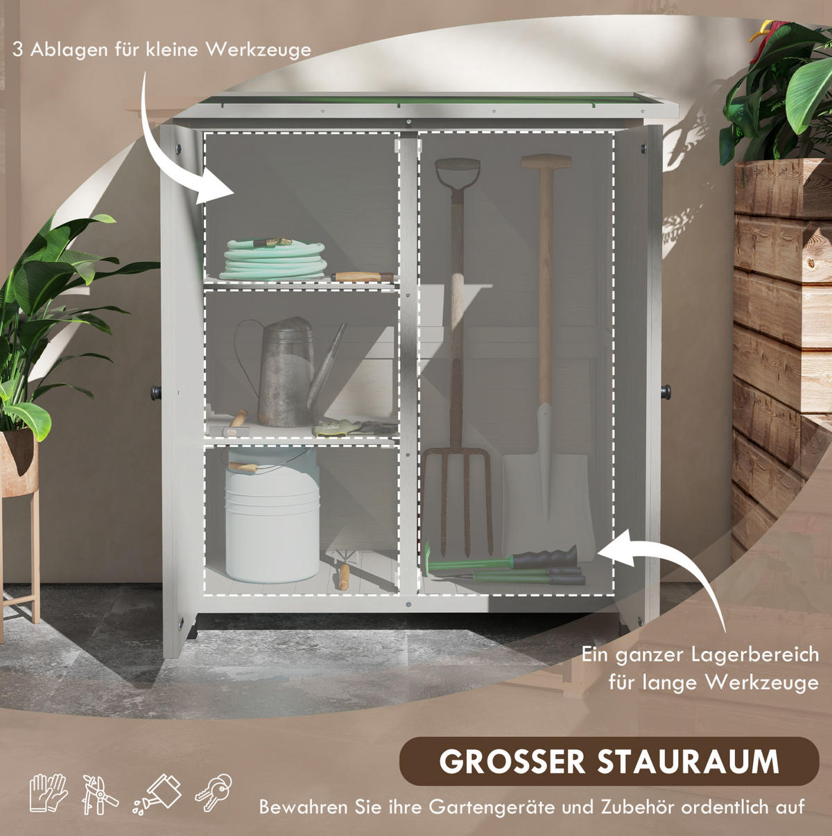 GARTENSCHRANK aus Holz 110x55x117cm in Hellgrau mit 2 Türen & schrägem Asphalt-Dach - Hellgrau, Holz (55/117/110cm) - Modfu