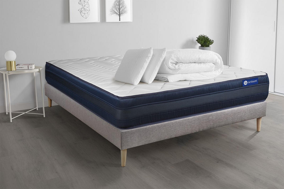 BETT Actilatex tech Latex und Memory-Schaum 140 x 190 cm h4 - Kit Bettgestell Grau - Mit Kissen und Bettdecke - Beige/Grau, Holz/Textil (140/190cm) - ACTISOM