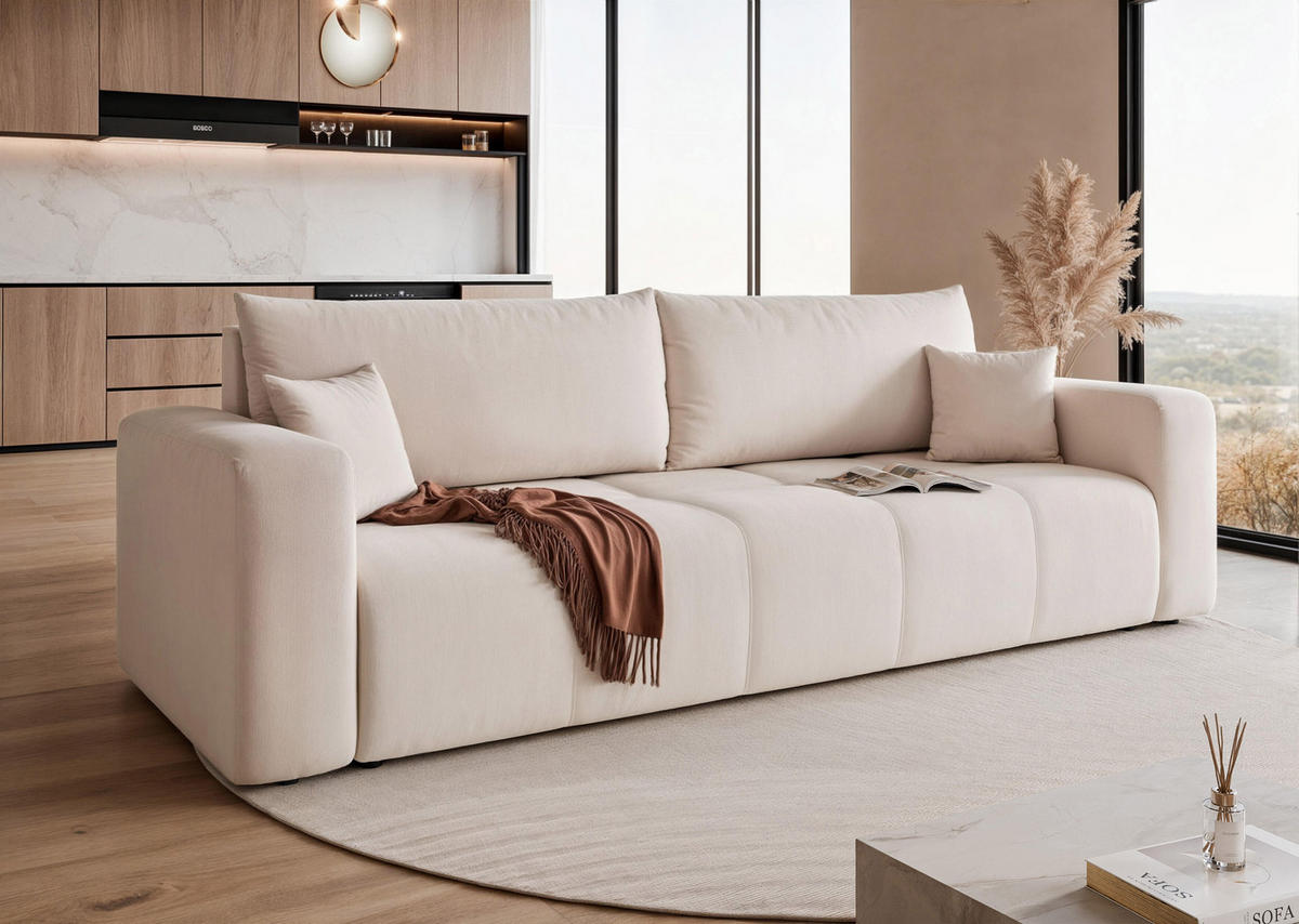 SCHLAFSOFA Velours mit Bettkasten und Schlaffunktion - Creme, Holzwerkstoff/Textil (246/79/93cm) - Idohome