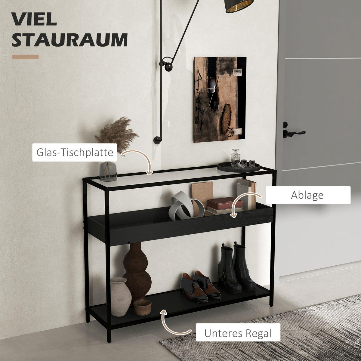 KONSOLENTISCH mit 2 Regalen, 100L x 30B x 78Hcm - Schwarz, Kunststoff/Metall (100/30/78cm) - HOMCOM