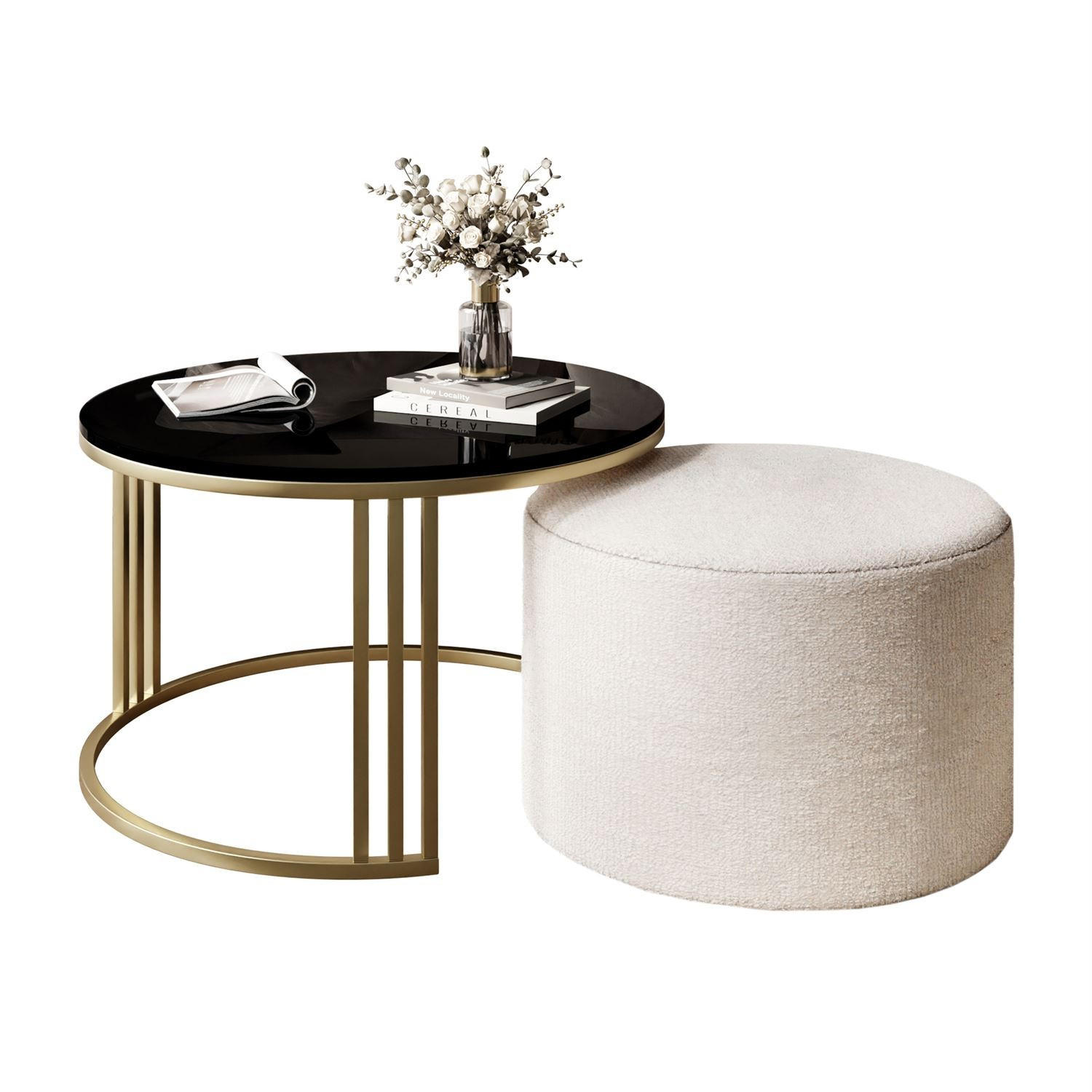 COUCHTISCH mit Hocker LORI Hochglanz gebürstetes Gold/Schwarz glänzend/Perfect Harmony 01 - Schwarz, Metall (70/70/49cm) - Lookway