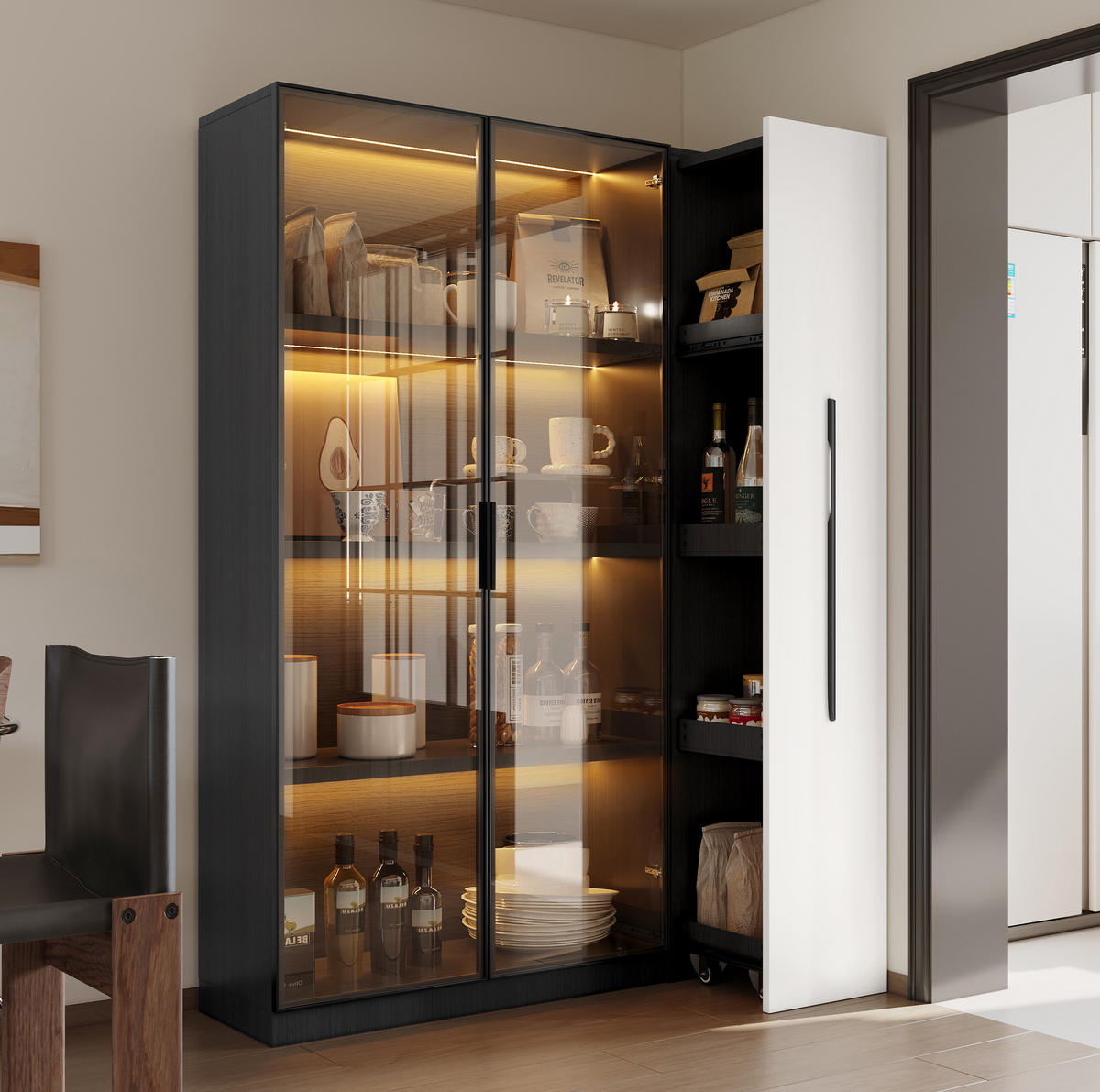 VITRINE 110,5/35/160 cm in Schwarz/Weiß mit LED-Beleuchtung und Seitenauszug - Schwarz, Holzwerkstoff (110.5/160/35cm) - Flora Grace