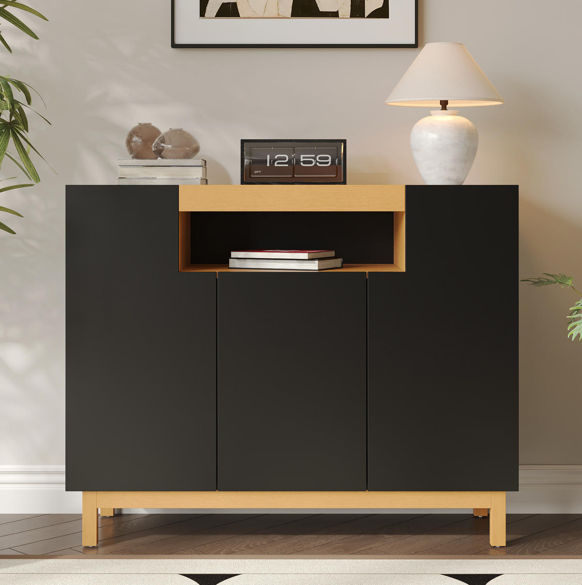 KOMMODE aus Spanplatte 120,5x42x96cm in Schwarz mit 3 Türen - Schwarz, Holzwerkstoff (120.5/96/42cm) - Modfu