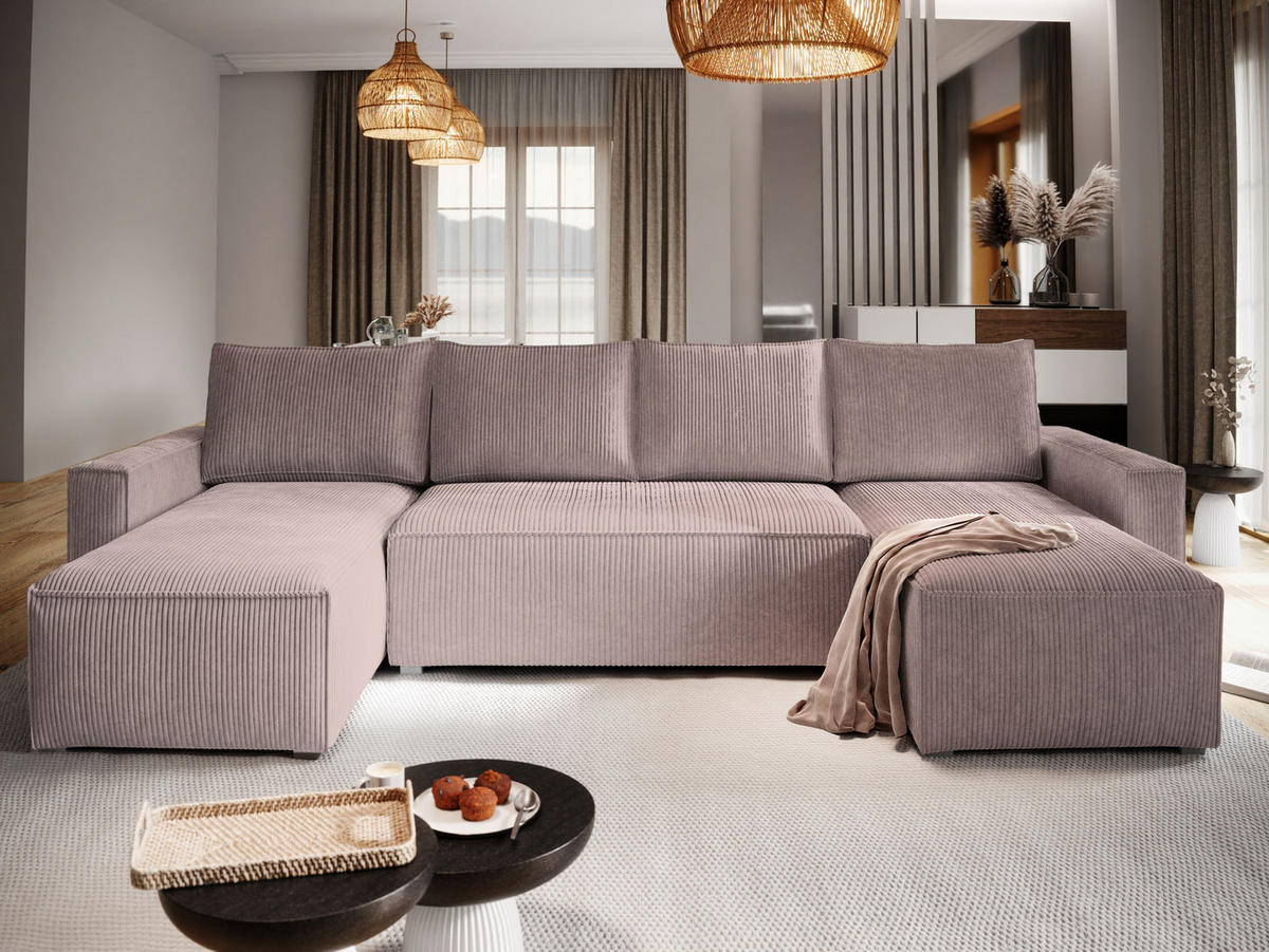 WOHNLANDSCHAFT ASPRA Lila Kordstoff mit Schlaffunktion - Lila, Holz (295/85/140cm) - MASSENO