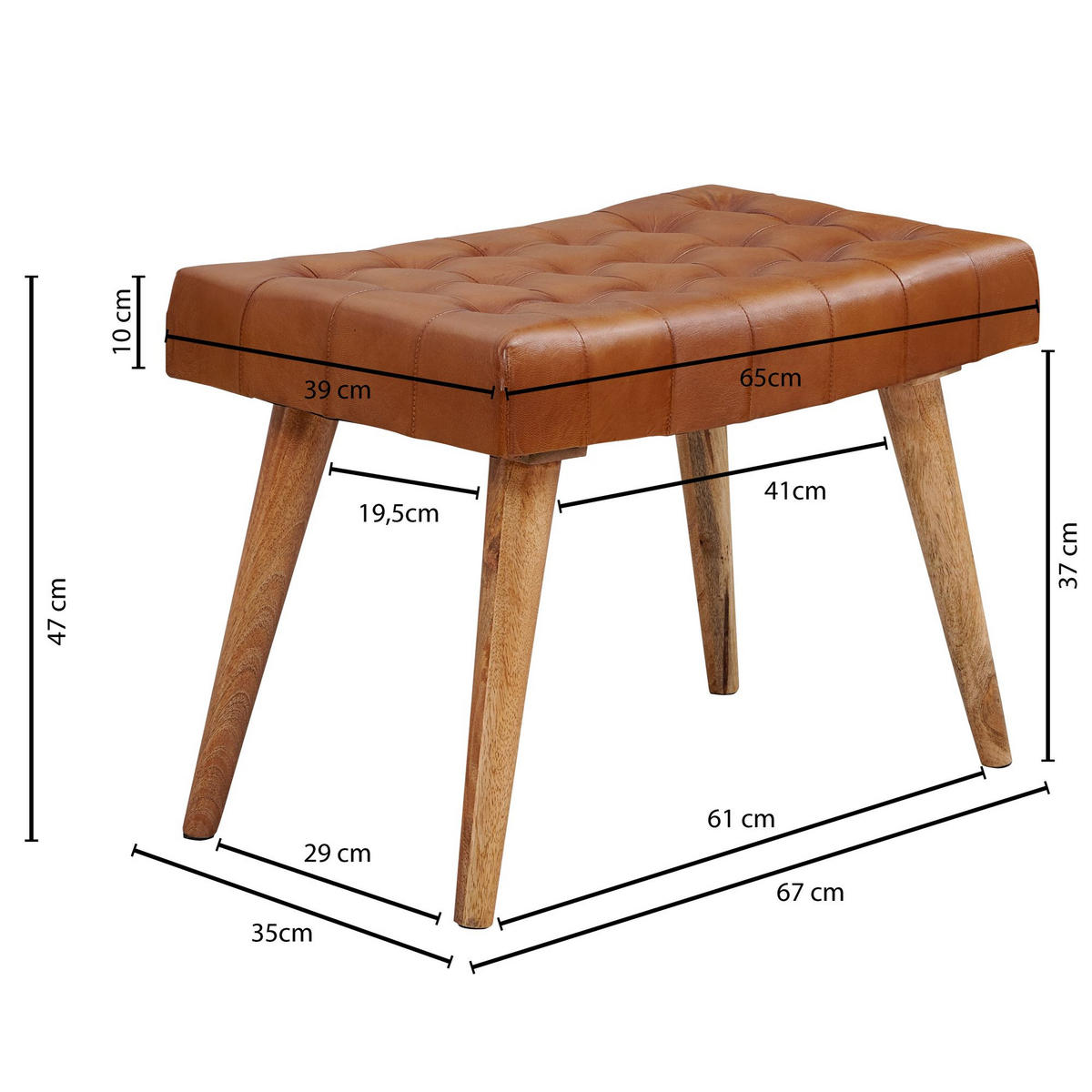 SITZHOCKER – Echtleder/Naturholz, modern, 120 kg Belastbarkeit - Braun, Mangoholz/Leder (67/47/39cm) - KADIMA DESIGN