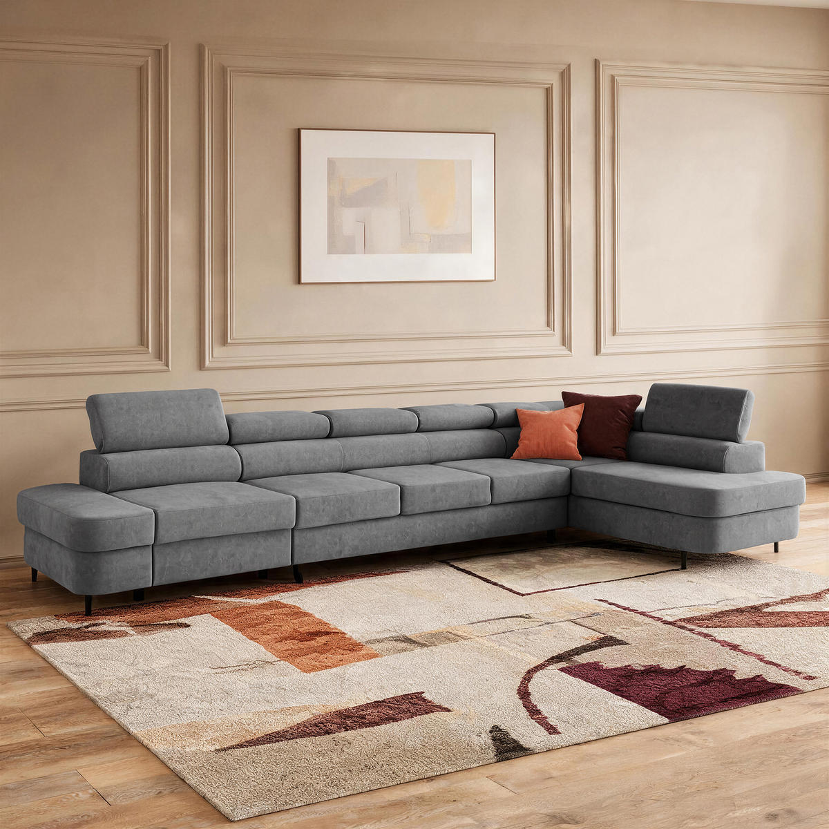 ECKSOFA PRIAM XXL L-Form Rechts mit Schlaffunktion 125x265 Velours Grau - Schwarz/Grau, Holz/Textil (420/203cm) - Muffo