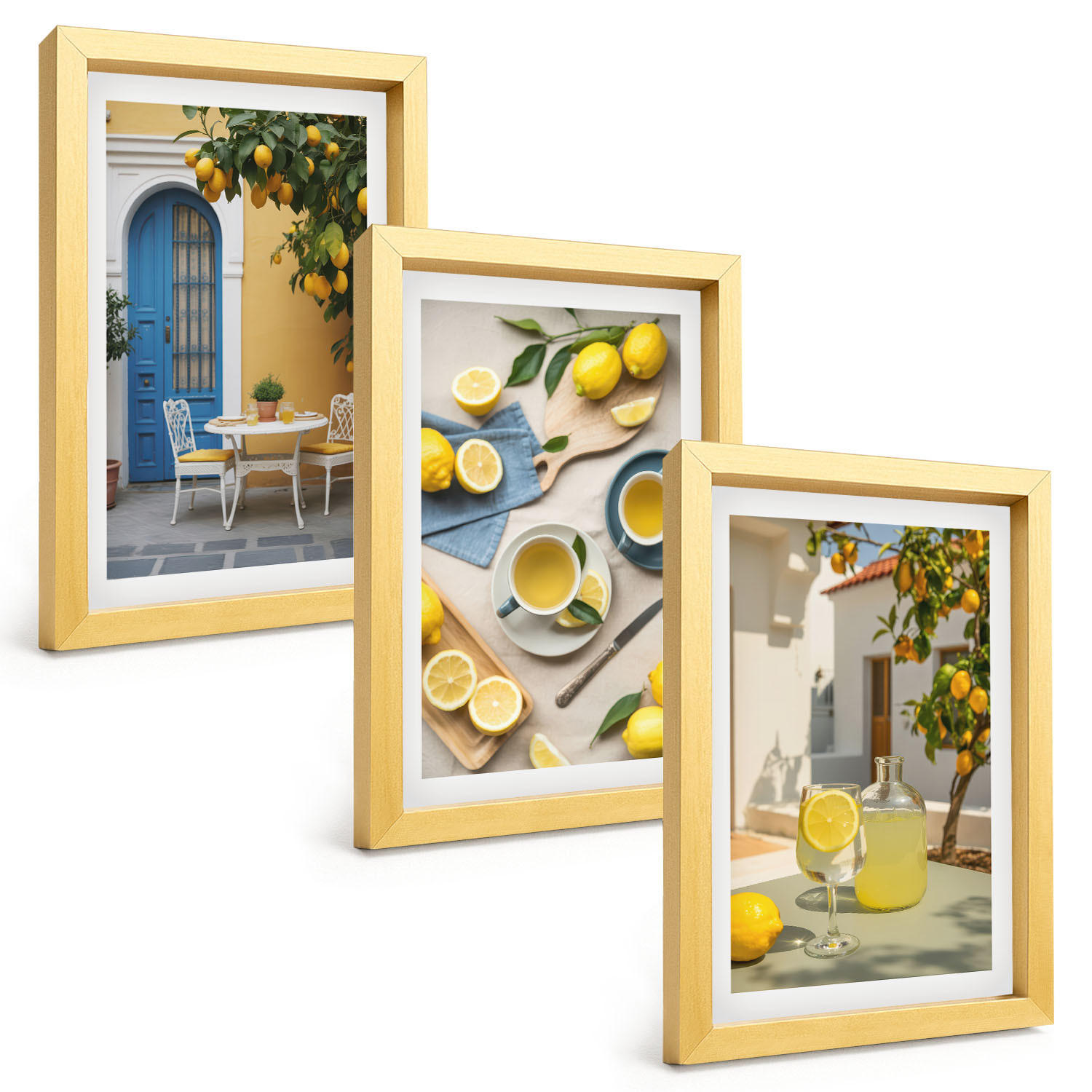 BILDER SET 3er Set - 20x30 cm Goldrahmen - Zitronenlimonade blaue Tür - Goldfarben, Kunststoff (20/30cm) - TULUP