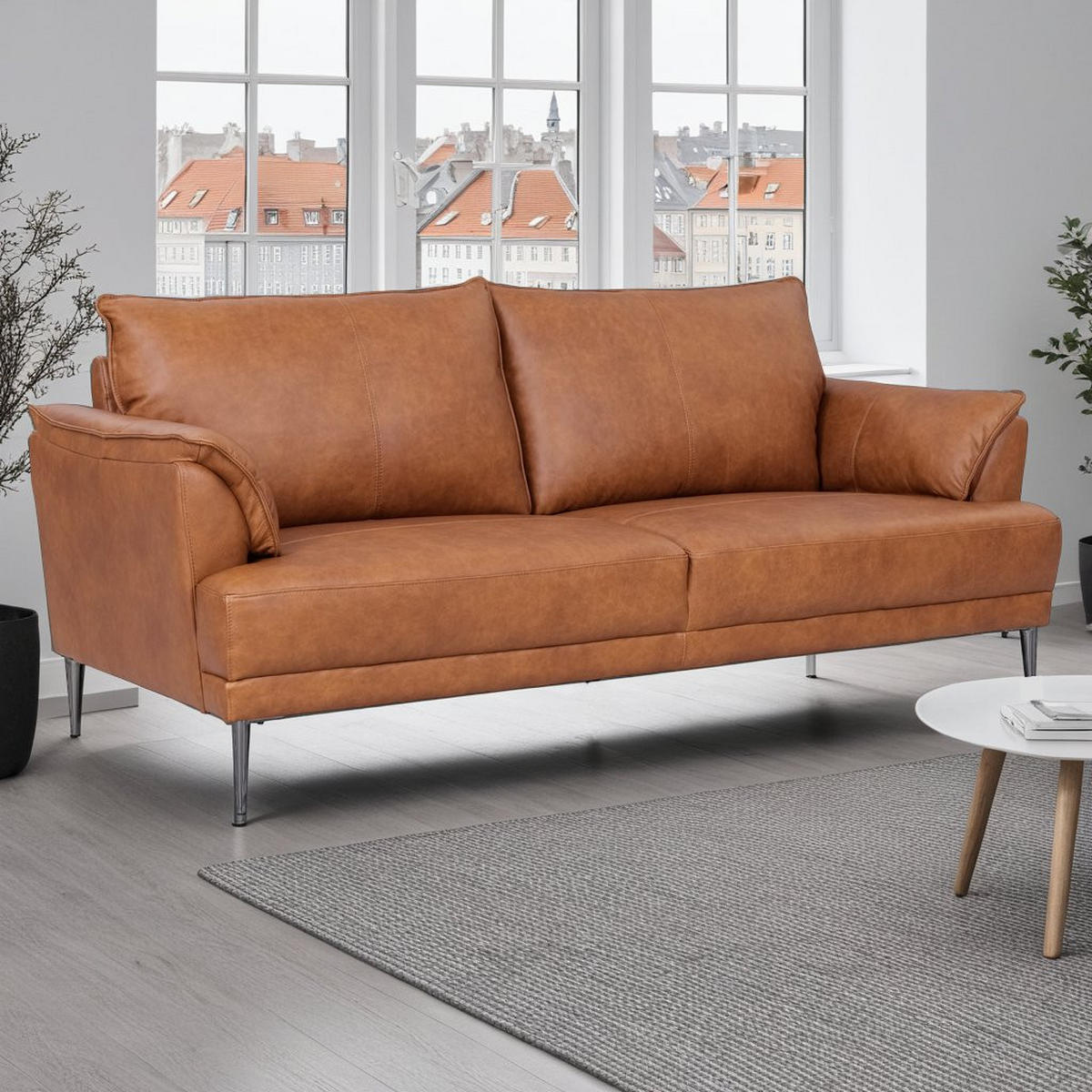 DREISITZER-SOFA Echtleder Braun - Schwarz/Braun, Leder/Metall (195/88/90cm) - Furnhouse