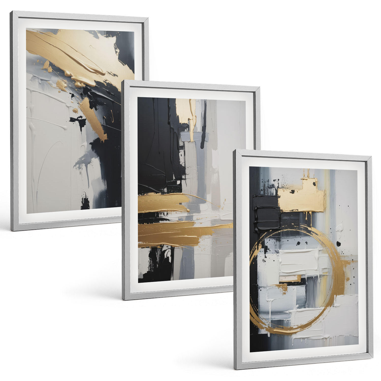 BILDER SET 3er Set - 40x60 cm Silberner Rahmen - Abstrakte Schwarz-Weiß-Malerei - Silberfarben, Kunststoff (40/60cm) - TULUP