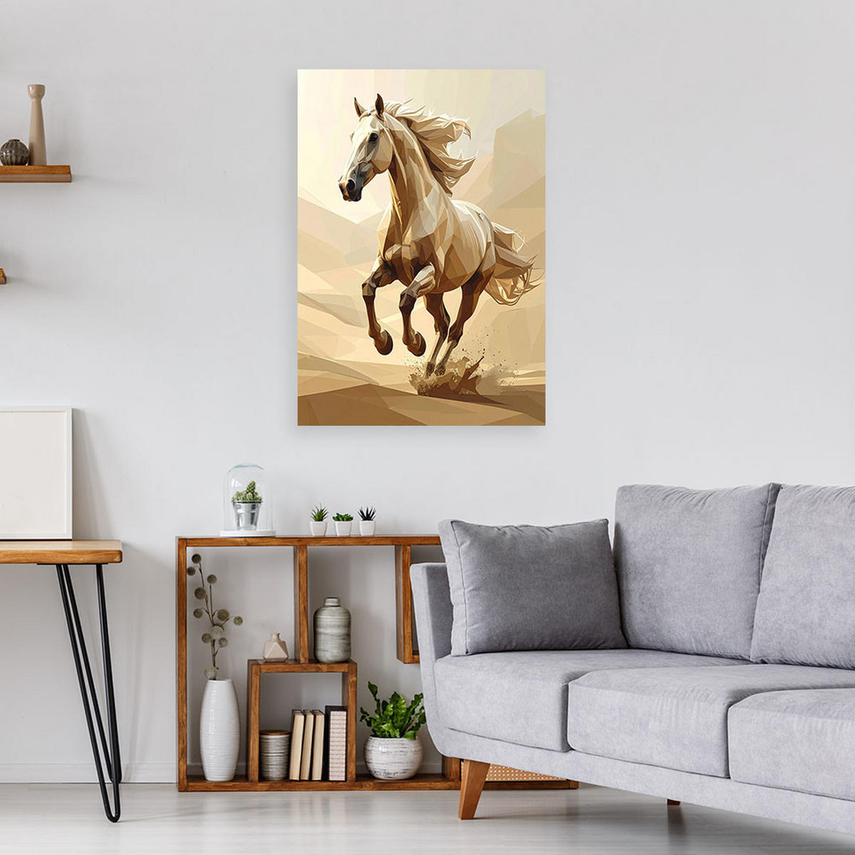 LEINWANDBILD, Weißes geometrisches Pferd im Galopp - Beige, Textil (70/100cm) - Feeby