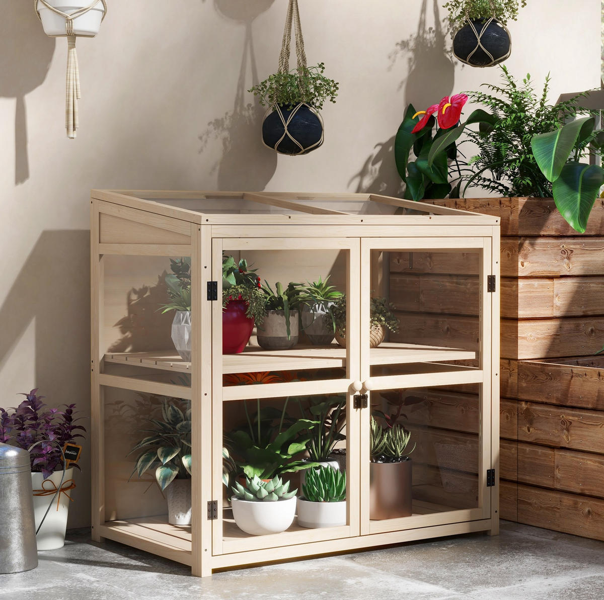GEWÄCHSHAUS 103/61/95-103 cm aus Holz mit Dachfenster und Doppeltüren - Naturfarben, Holz (61/103/103cm) - Flora Grace