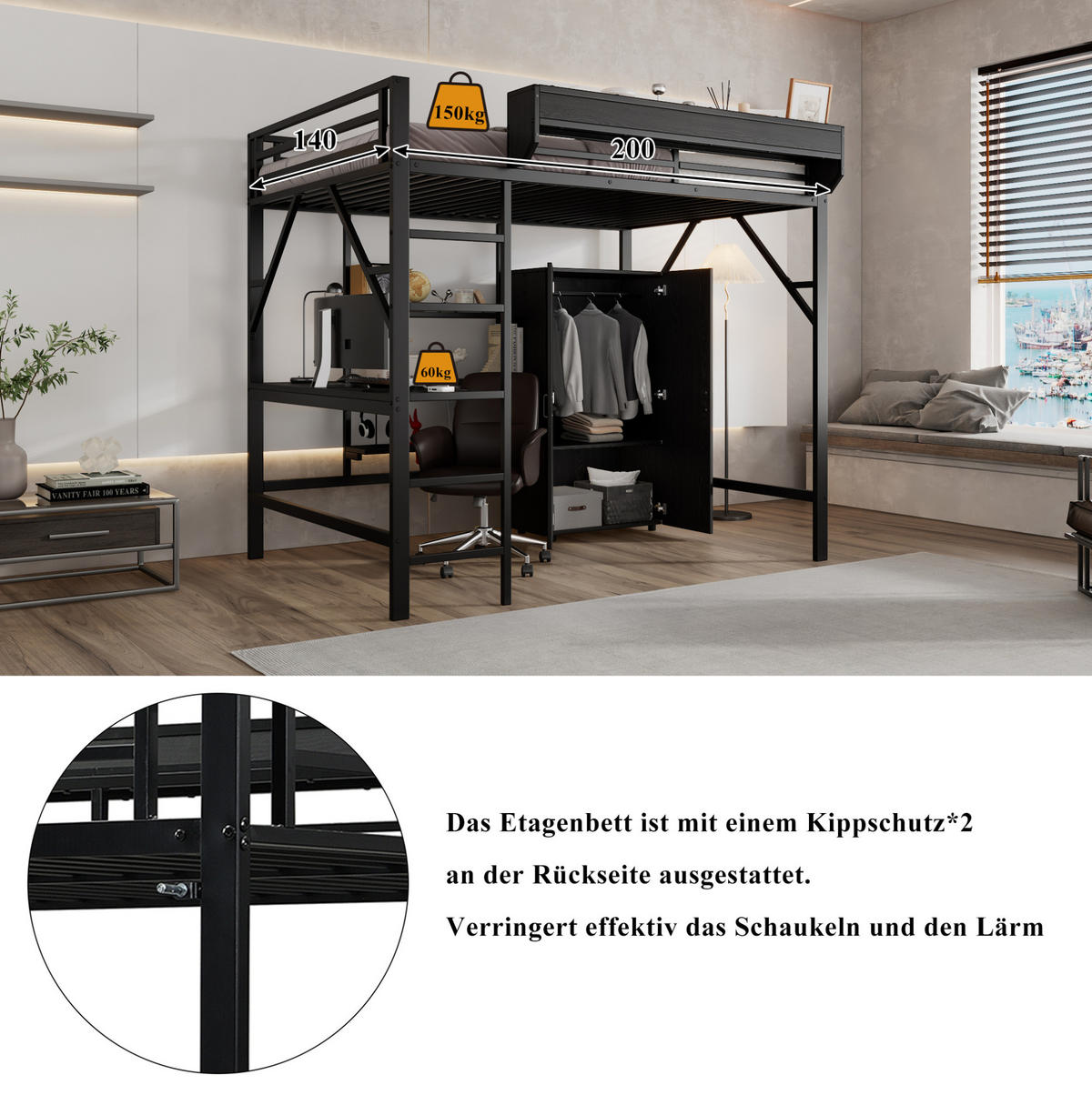HOCHBETT 140/200 cm mit Schreibtisch, Kleiderschrank, Ablage und viel Stauraum, Schwarz - Schwarz, Holzwerkstoff (140/200cm) - Redom