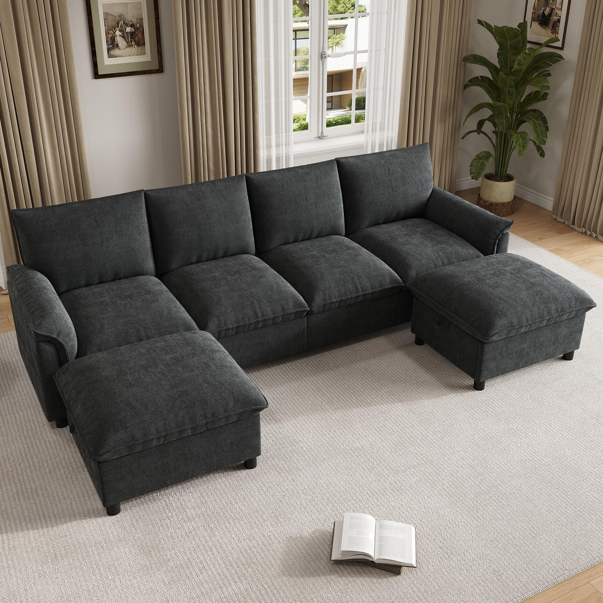 WOHNLANDSCHAFT 264.5/142.5/84 cm Schwarz mit 2 Aufbewahrungs-Ottomane - Schwarz, Textil (142.5/84/264.5cm) - Oxeza