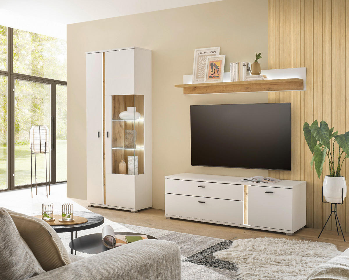 VITRINE weiß matt, Eiche Wotan 80 x 200 cm, Vitrinenschrank inklusive Frontbeleuchtung - Silberfarben/Eiche Wotan, Glas/Holzwerkstoff (80/200/35cm) - Furn.Design
