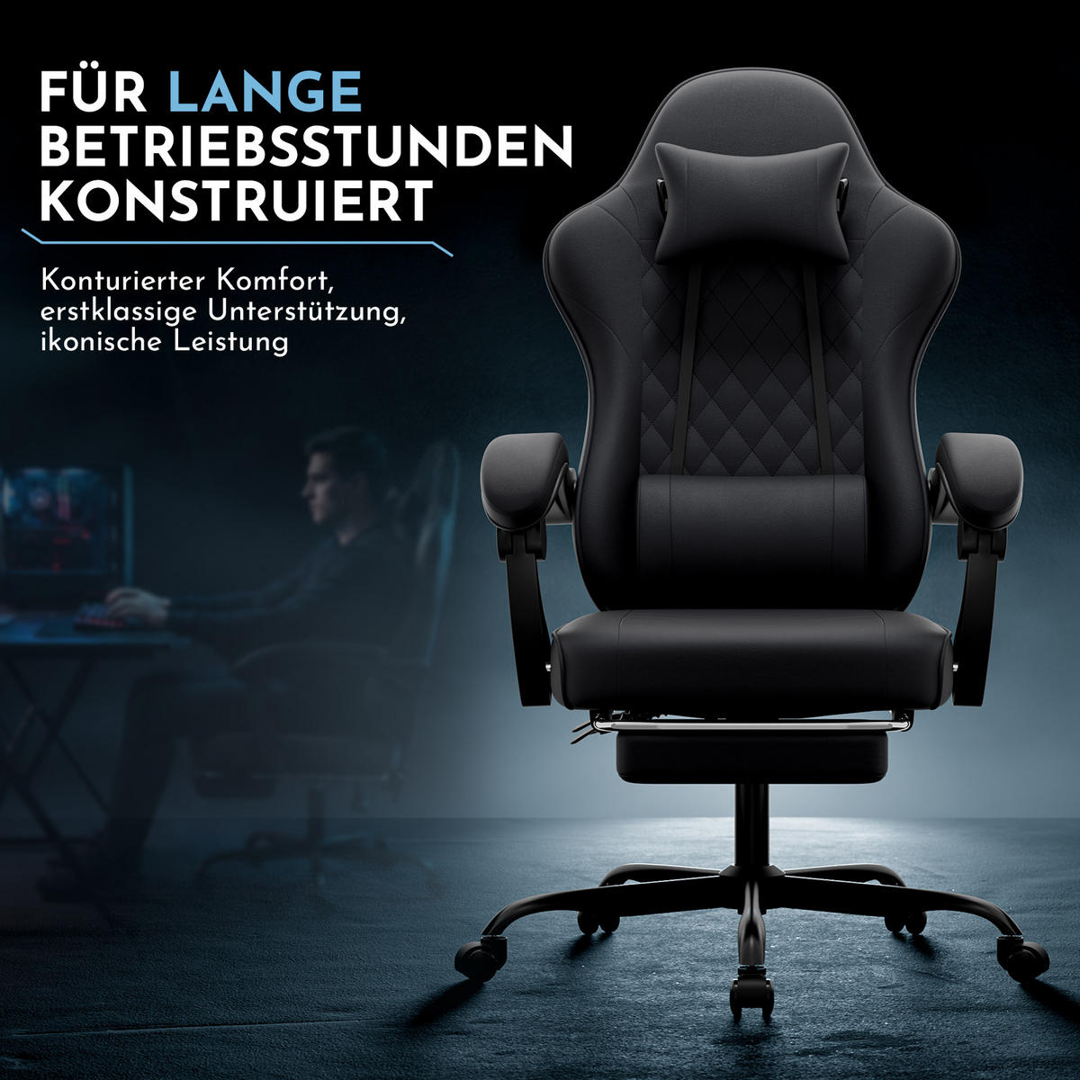 GAMINGSTUHL DE-40998 mit Lordosenstütze und Fußstütze Schwarz - Schwarz, Metall (58.5/120.5/63cm) - ComfortXL