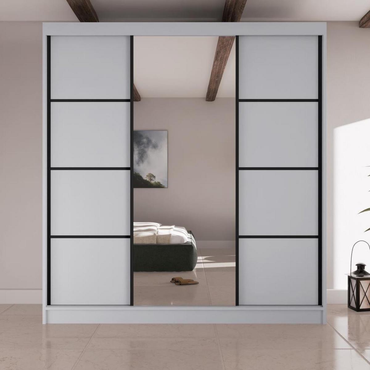 SCHWEBETÜRENSCHRANK Vilo II 200/61/215 weiß+schwarz - Schwarz/Weiß, Holzwerkstoff (200/215/61cm) - Beautysofa