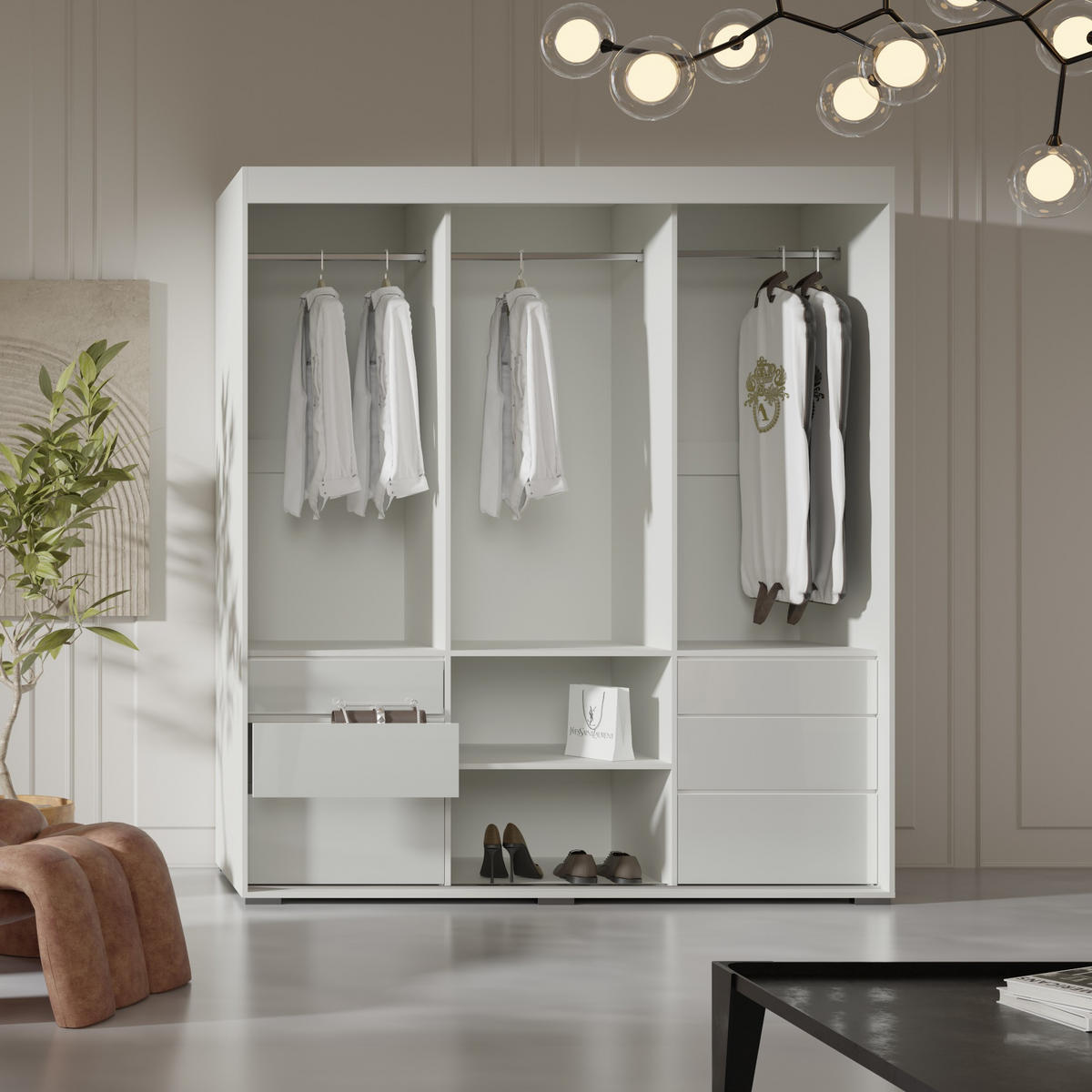 SCHIEBETÜRENSCHRANK mit Schubladen Torino 3D 180 Weiß (Lacobel) - Silberfarben/Weiß, Holzwerkstoff/Metall (180/204/65cm) - mzm24