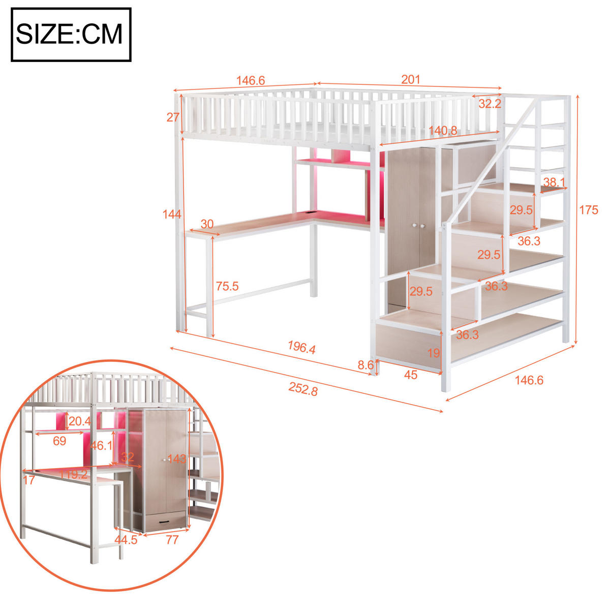 HOCHBETT 140/200 cm Weiß mit Schreibtisch, Kleiderschrank und LED-Beleuchtung - Weiß, Metall (140/200cm) - Flora Grace
