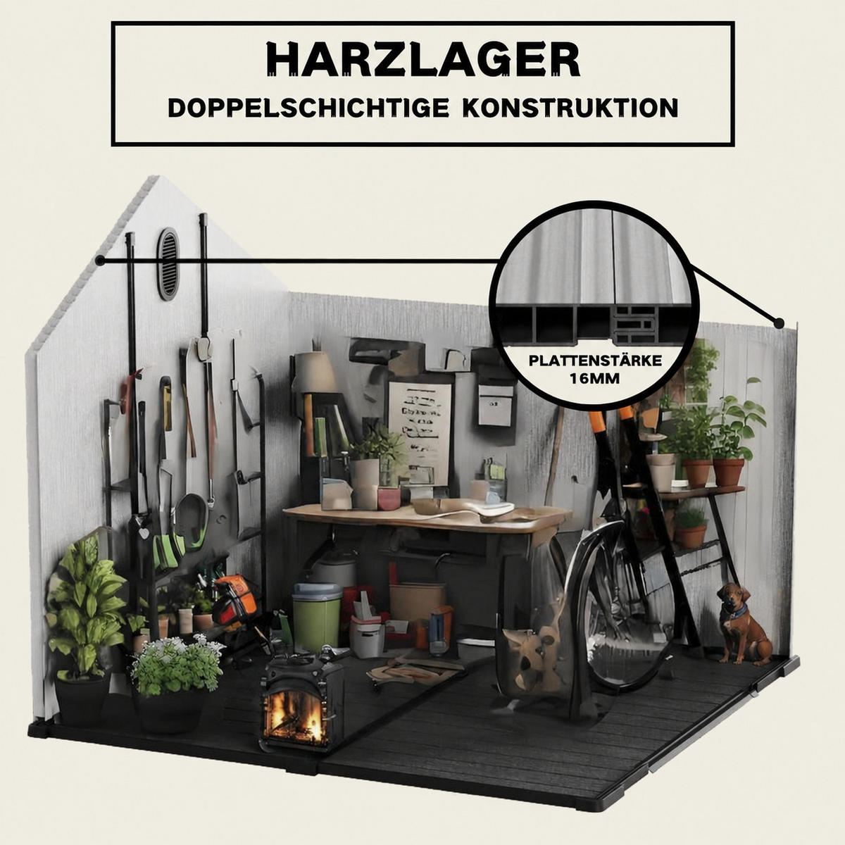 GERÄTEHAUS 285/235/231 cm Grau + Weiß mit 2 Türen und eine integrierte Regenrinne - Grau, Metall (235/231/285cm) - Oxeza