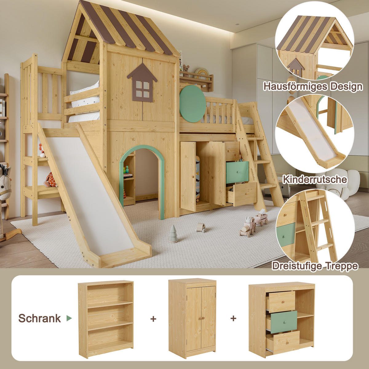 HOCHBETT 90/200 cm in Natur & Grün mit Rutsche, Treppe und Stauraum - Naturfarben, Holz/Holzwerkstoff (90/200cm) - WISHDOR