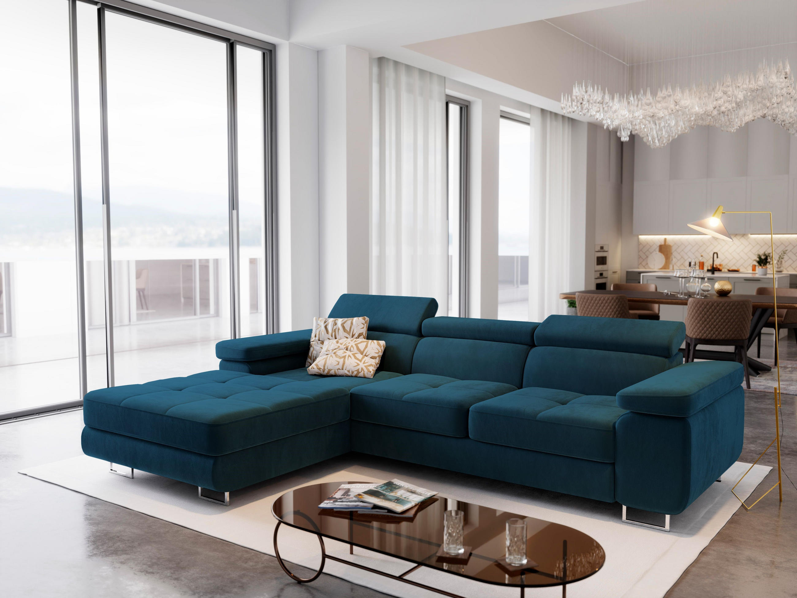 ECKSOFA ELMA L-S Blau Velours-Stoff mit Schlaffunktion - Blau, Holz (280/205cm) - MASSENO