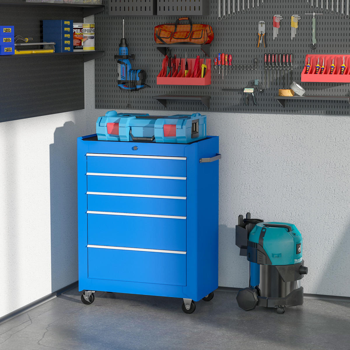 WERKZEUGSCHRANK DE-10526 5 Schubladen, rollbar Blau - Blau, Metall (33/82.5/61.5cm) - ComfortXL