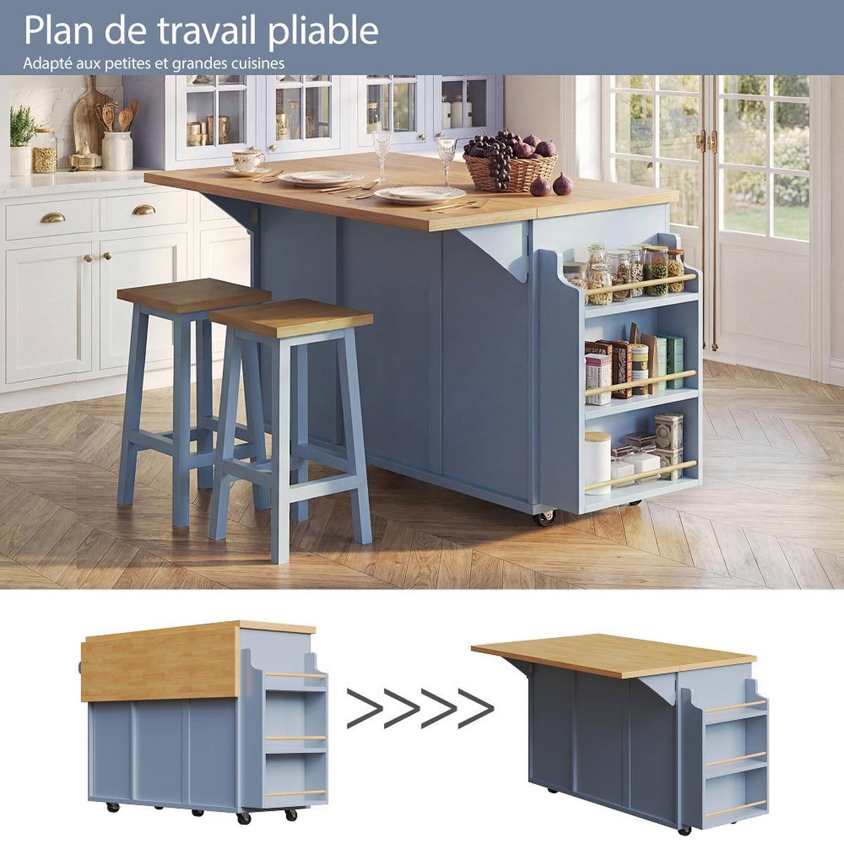 KÜCHENINSEL mit klappbarer Arbeitsplatte, MDF/Metall, 143/75/91 cm - Blau, Kunststoff (75/91/143cm) - Rolipo
