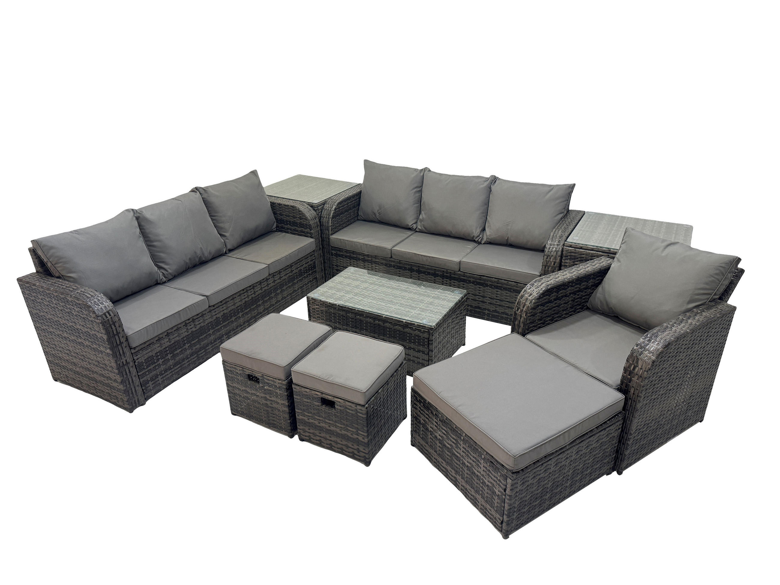 GARTENMÖBEL-SET mit Kissen Polyrattan Dunkelgrau 10-Sitzer - Dunkelgrau/Grau, Glas/Kunststoff - Fimous