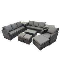 GARTENMÖBEL-SET mit Kissen Polyrattan Dunkelgrau 10-Sitzer - Dunkelgrau/Grau, Glas/Kunststoff - Fimous