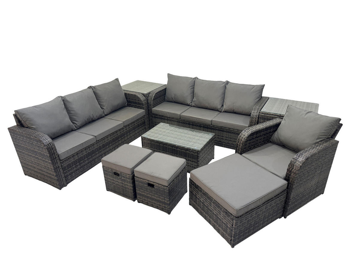 GARTENMÖBEL-SET mit Kissen Polyrattan Dunkelgrau 10-Sitzer - Dunkelgrau/Grau, Glas/Kunststoff - Fimous