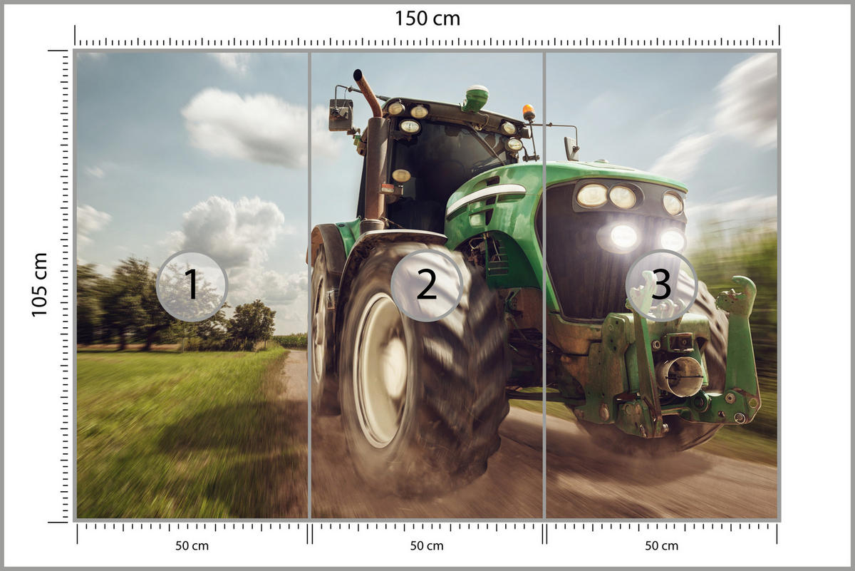FOTOTAPETE Fahrender Traktor Bäume Vegetation Landwirtschaft 150x105 - Schwarz/Weiß, Papier (150/105cm) - Muralo