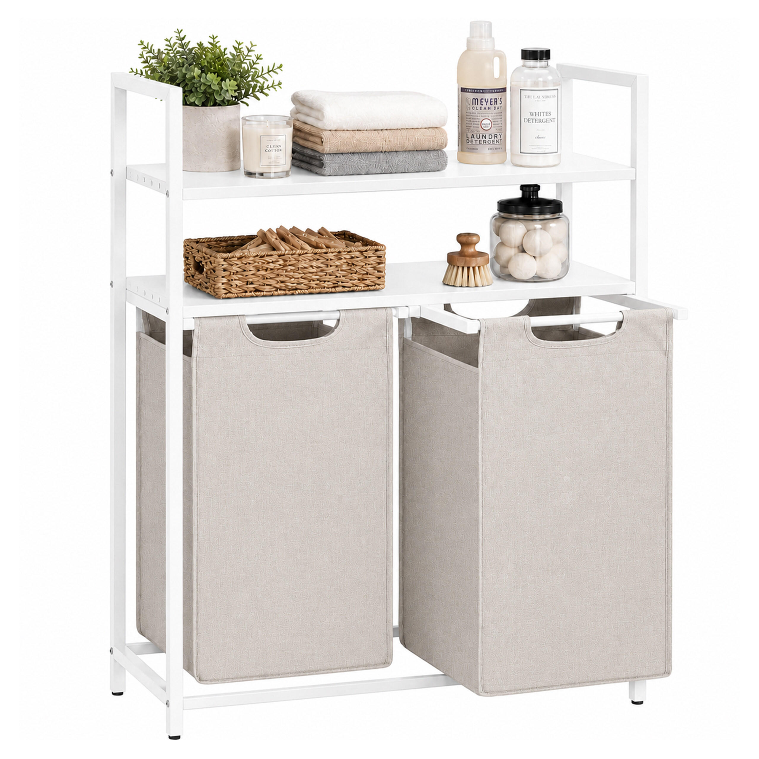 TVÄTTKORG Vit beige 2 fack med hyllor - Beige, Träbaserade material/Textil (73/93/33cm) - Relaxdays