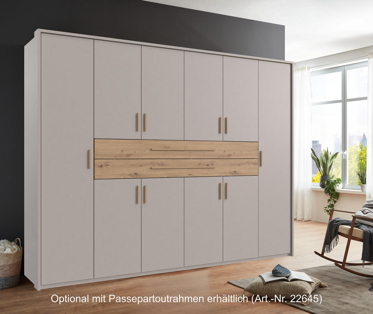 SKŘÍŇ S OTOČNÝMI DVEŘMI B270/H208/T58 cm, béžovo-šedá, šatní skříň se 2 velkými zásuvkami a úchytkami v dekoru dub Artisan / 22642 - šedobéžová/dub artisan, kompozitní dřevo/plast (270/208/58cm) - luma-home