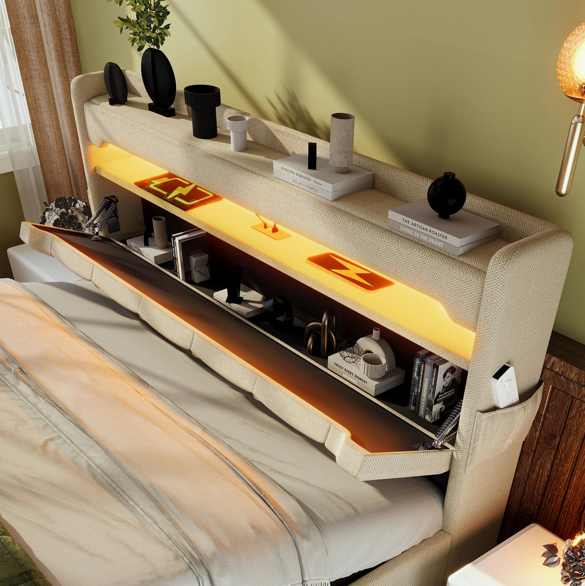 POLSTERBETT 160/200 cm Beige aus Leinen mit LED - Beige, Textil (160/200cm) - OKMYHOME