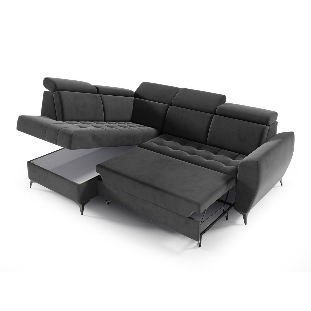 ECKSCHLAFSOFA Aurora II mit verstellbare Kopfstützen, Anthrazit, links - Anthrazit/Schwarz, Textil (266/204cm) - Beautysofa