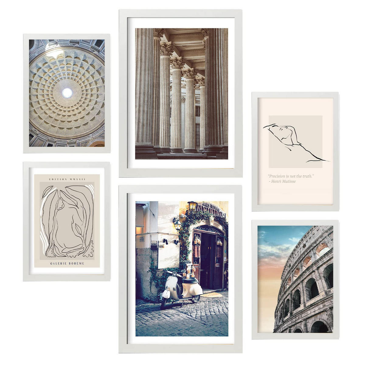 POSTER Set Mit 6 Vintage Rom A3 & A4 Weißer Rahmen - Weiß, Papier (29/3cm) - Nacnic