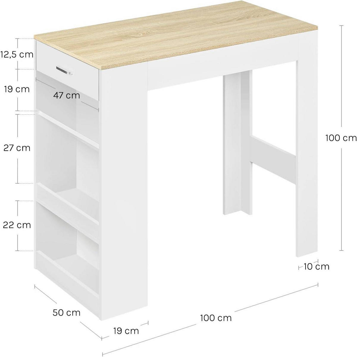 BARTISCH, Küchentisch mit Weinregal,100 x 50 x 100 cm - Hellbraun/Weiß, Holzwerkstoff (50/100/100cm) - Woltu