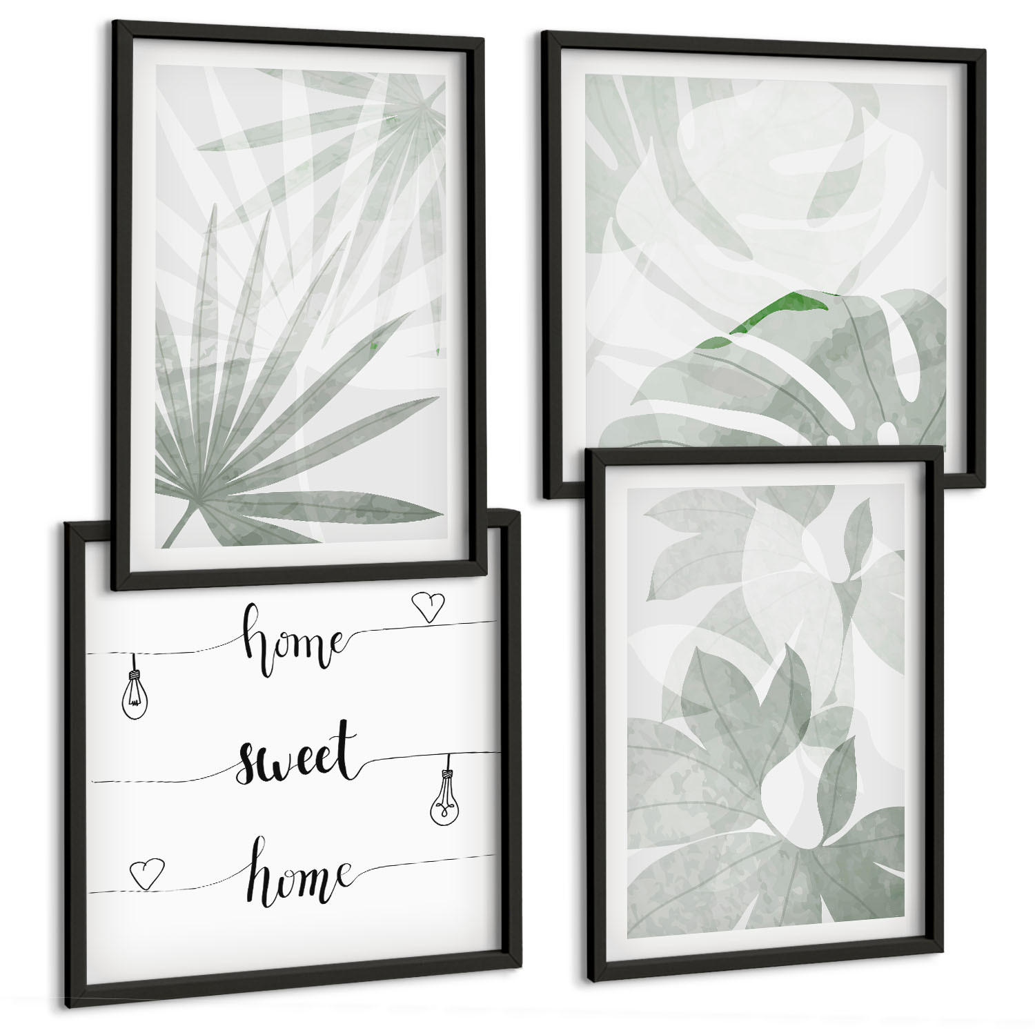 BILDER SET 4er Set - 50x50 cm & 40x60 cm Schwarzer Rahmen - Die Blätter der Pflanzen sind grünlich-grau. - Schwarz, Kunststoff (50/50cm) - TULUP