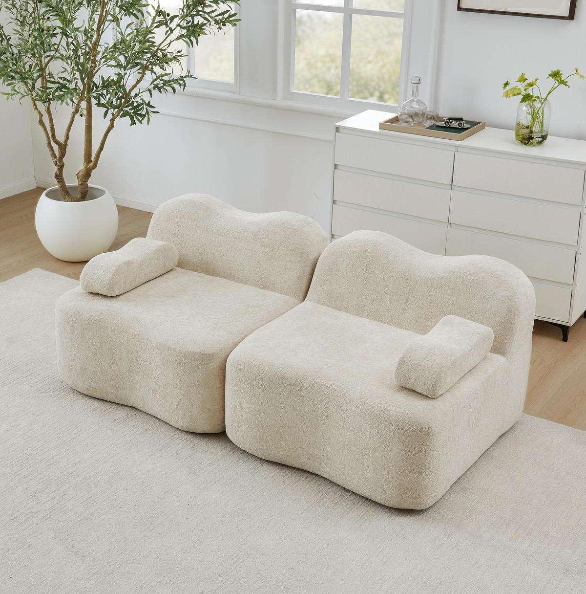 2-SITZER Sofa aus Samt Beige mit tiefer Sitzfläche, Wellenform und beweglichem Armlehnenkissen - Beige, Textil (192/70/98cm) - Modfu
