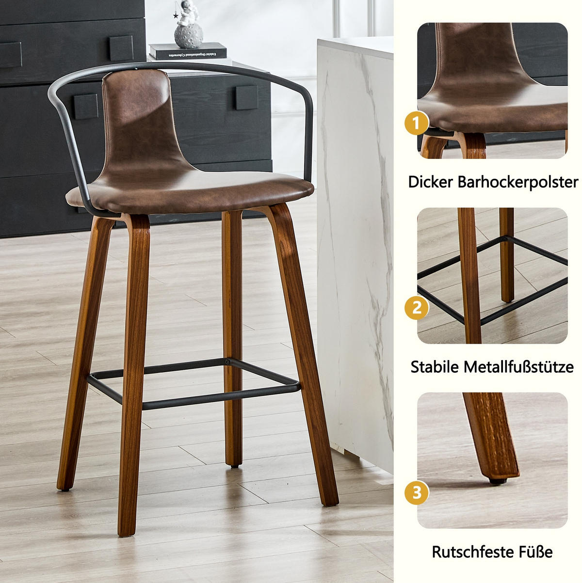 BARHOCKER 2er-Set mit Armlehne Braun Holz - Braun, Holz (44/88/54.7cm) - Meubliv