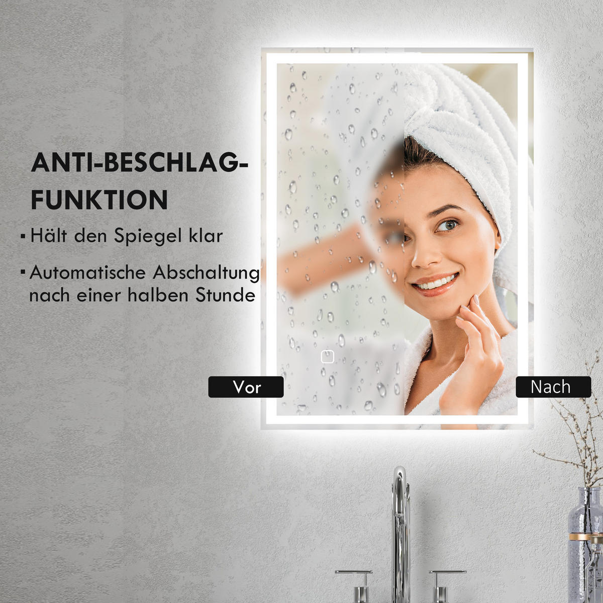 BADSPIEGEL, mit LED-Leuchte, 70 x 50 cm, beschlagfrei, mit Touchschalter, IP44 - Silberfarben, Glas (70/4/50cm) - HOMCOM