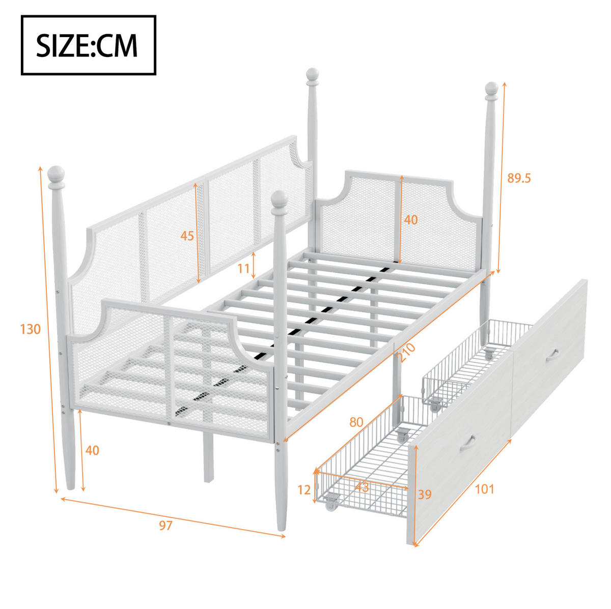 KOVOVÁ postel, 90/200 cm bílá, se 2 zásuvkami a funkcí pohovky - bílá, kov (90/200cm) - BEAOK