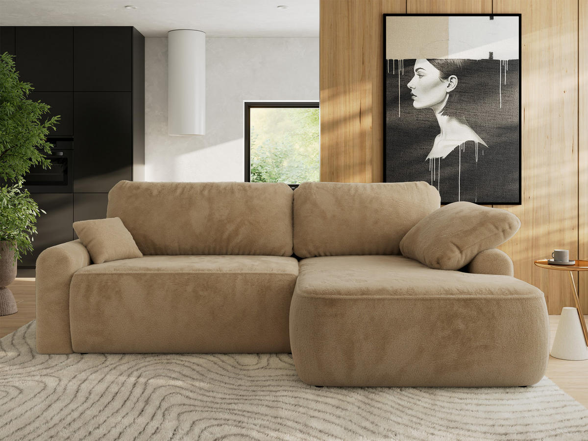 ECKSCHLAFSOFA CUBO L Beige Plüsch - rechts - Beige/Schwarz, Kunststoff/Textil (187/273cm) - MKS