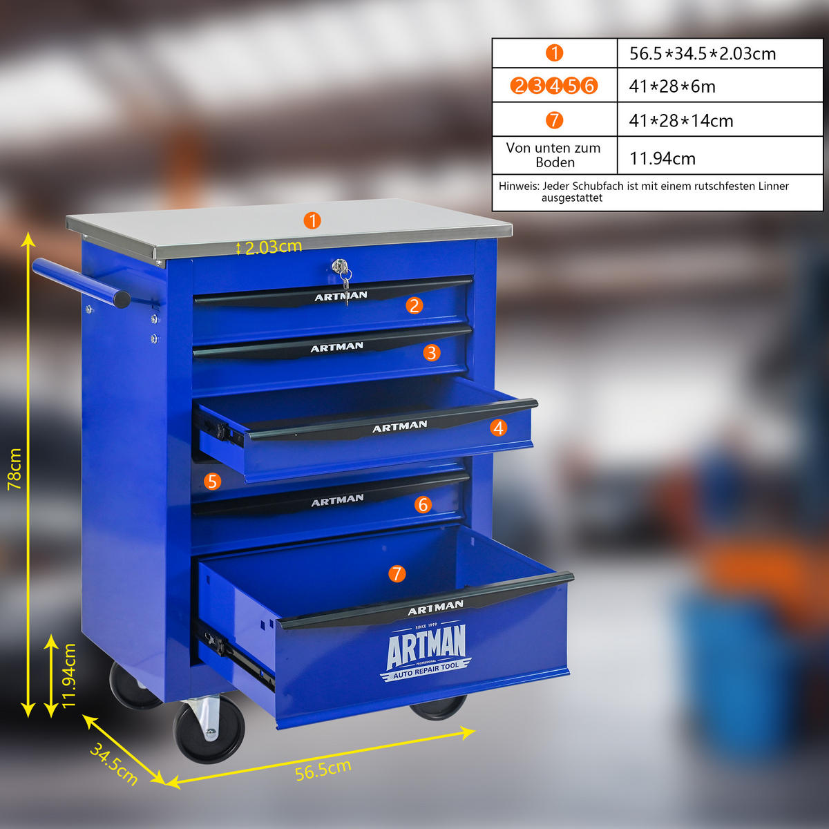 WERKZEUGWAGEN Metall mit Rollen – 6 Schubladen, Edelstahlablage, Werkstattwagen für Garage & Werkstatt, Schwarz/Blau - Blau, Metall (34.5/78/62.5cm) - Ej. Life