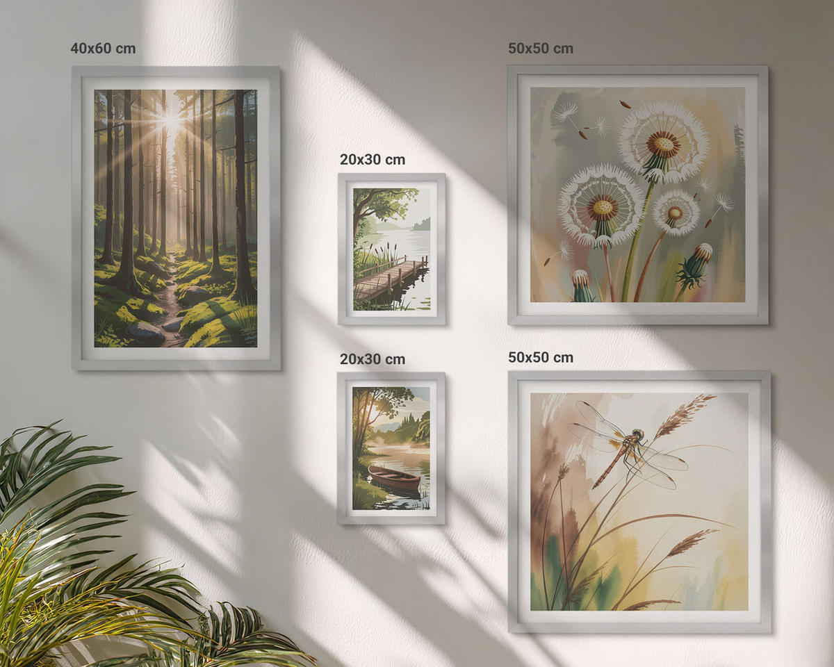 BILDER SET 5er Set - 50x50 cm & 20x30 cm & 40x60 cm Silberner Rahmen - See, Wald, Boot, Morgennebel - Silberfarben, Kunststoff (40/60cm) - TULUP