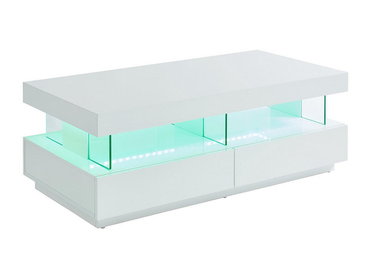 COUCHTISCH mit 2 Schubladen & 2 Ablagen + LEDs - MDF lackiert - Weiß - FABIO - Weiß, Holz (120/60/42cm) - Vente-Unique